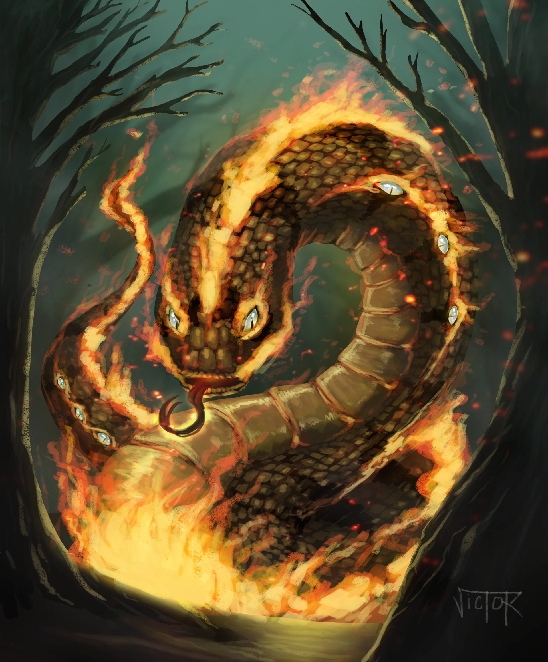 Ilustração da Boitatá, uma grande serpente em chamas, rastejando pela mata à noite.