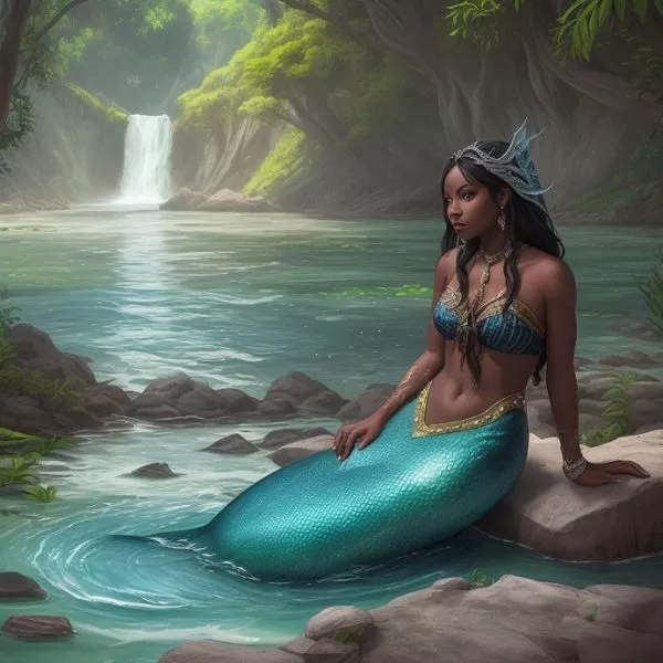 Desenho da Iara, uma sereia em rio amazônico, cantando para atrair viajantes.