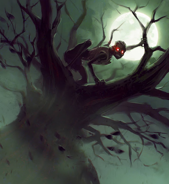 Desenho do Corpo-Seco, um esqueleto ressecado saindo da terra, com aparência horrorosa e olhos vazios.