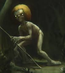 Ilustração do Curupira, um ser com pés invertidos, protegendo a floresta.