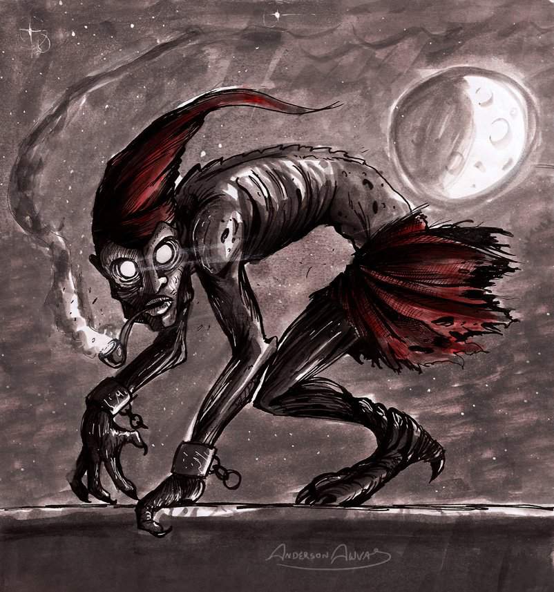 Desenho do Saci-Pererê, um ser mítico de uma perna só, fumando cachimbo e usando gorro vermelho.